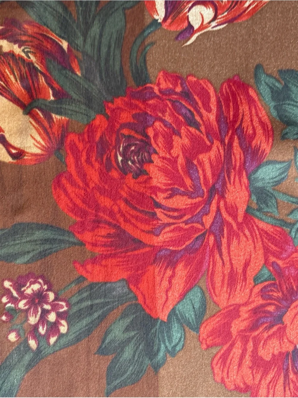 Vintage Liz Claiborne Square Scarf Brown with Large Roses/Floral Detail Preppy